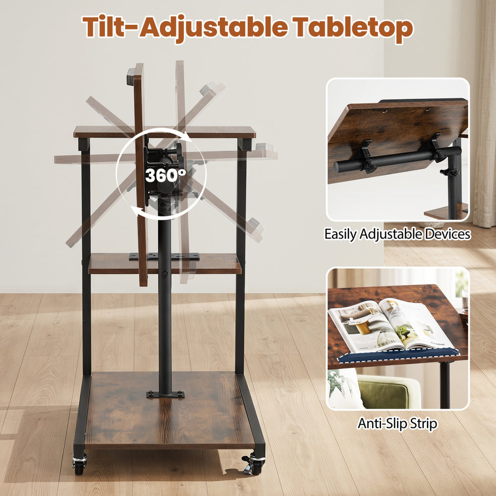 Mobile couch side table with a tiltable tabletop, adjustable height, and anti-slip strip for stable use while working or relaxing.