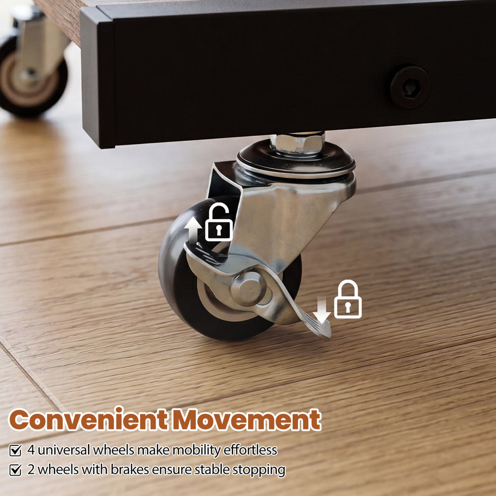 Close-up of the 4 universal wheels on the mobile couch side table, featuring brakes for stable stopping and easy movement.