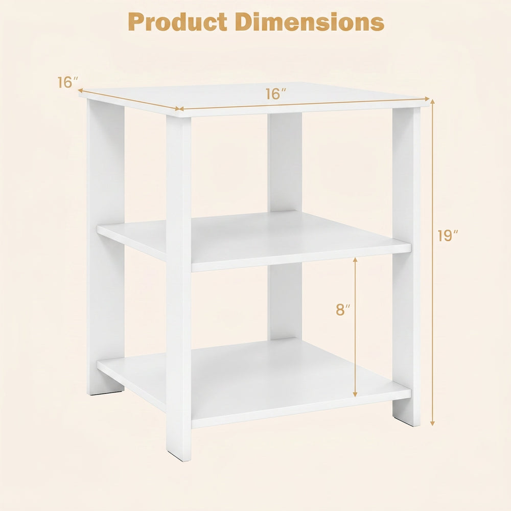 3-tier modern nightstand in white with open storage shelves, measuring 16" x 16" x 19", ideal for compact spaces.
