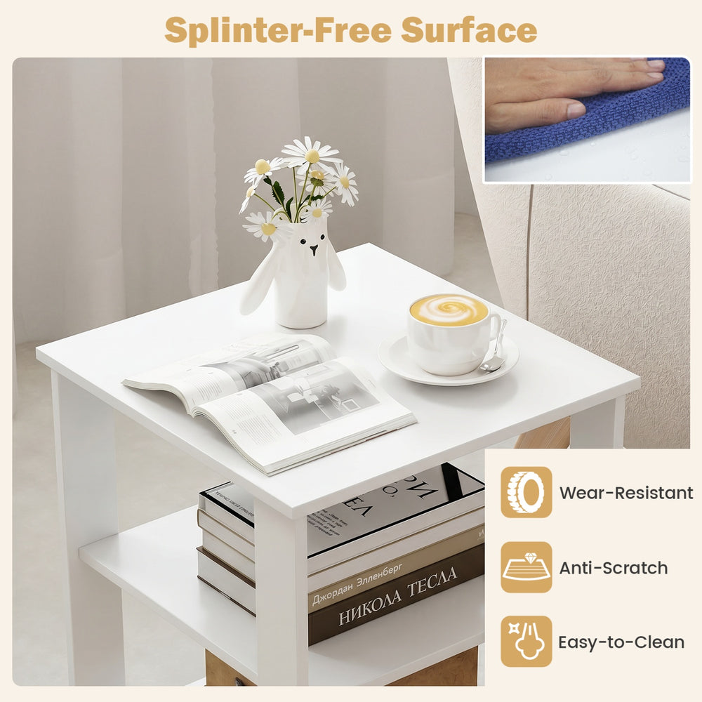Modern white 3-tier nightstand with open storage shelves, featuring an easy-to-clean, anti-scratch surface for.