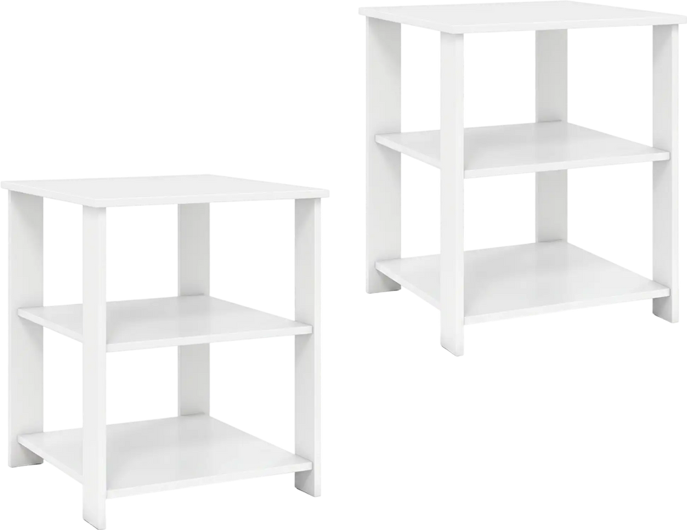Set of 2 white 3-tier modern nightstands with open storage shelves, ideal for compact spaces and easy organization.