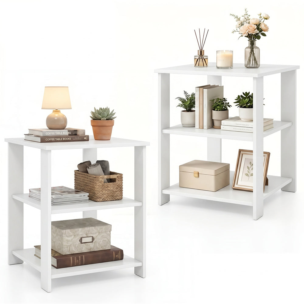Modern white 3-tier nightstand set of 2 with open storage shelves, ideal for compact living spaces and easy access.