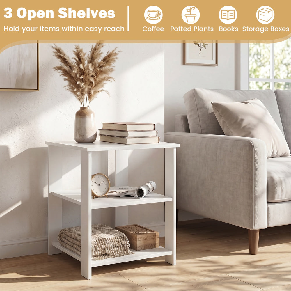 White 3-tier modern nightstand with open storage shelves, ideal for compact areas in living room or bedroom.