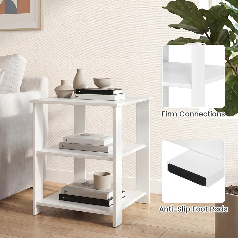 White 3-tier modern nightstand with open storage shelves, featuring anti-slip foot pads for stability and floor.