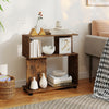 Rustic brown 3-tier S-shaped bookshelf showcasing decorative items and books, designed with a narrow profile for space.