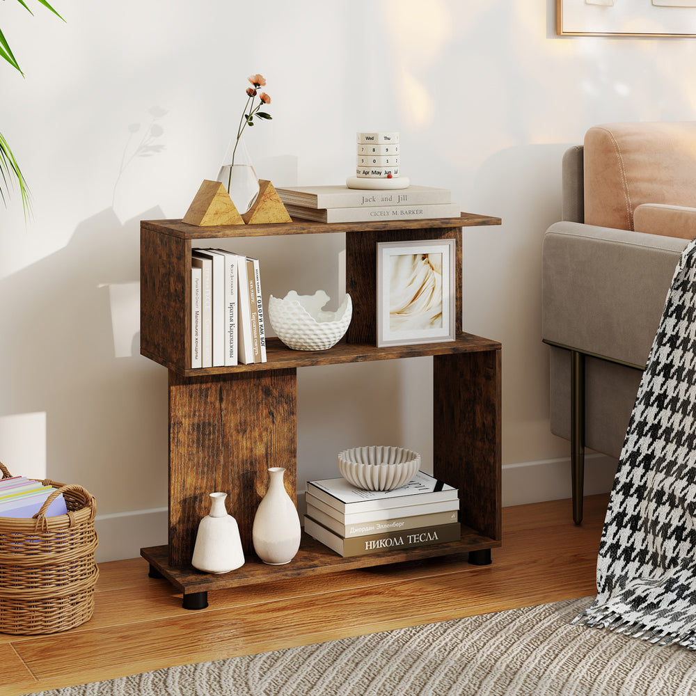 Rustic brown 3-tier S-shaped bookshelf showcasing decorative items and books, designed with a narrow profile for space.