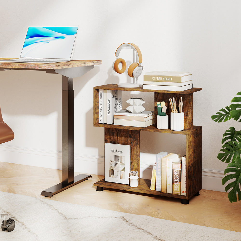 3-tier S-shaped bookshelf in rustic brown with adjustable feet, perfect for books and decor in small spaces.