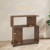 3-tier S-shaped bookshelf in rustic brown with dimensions, featuring adjustable feet for stability and space-saving.
