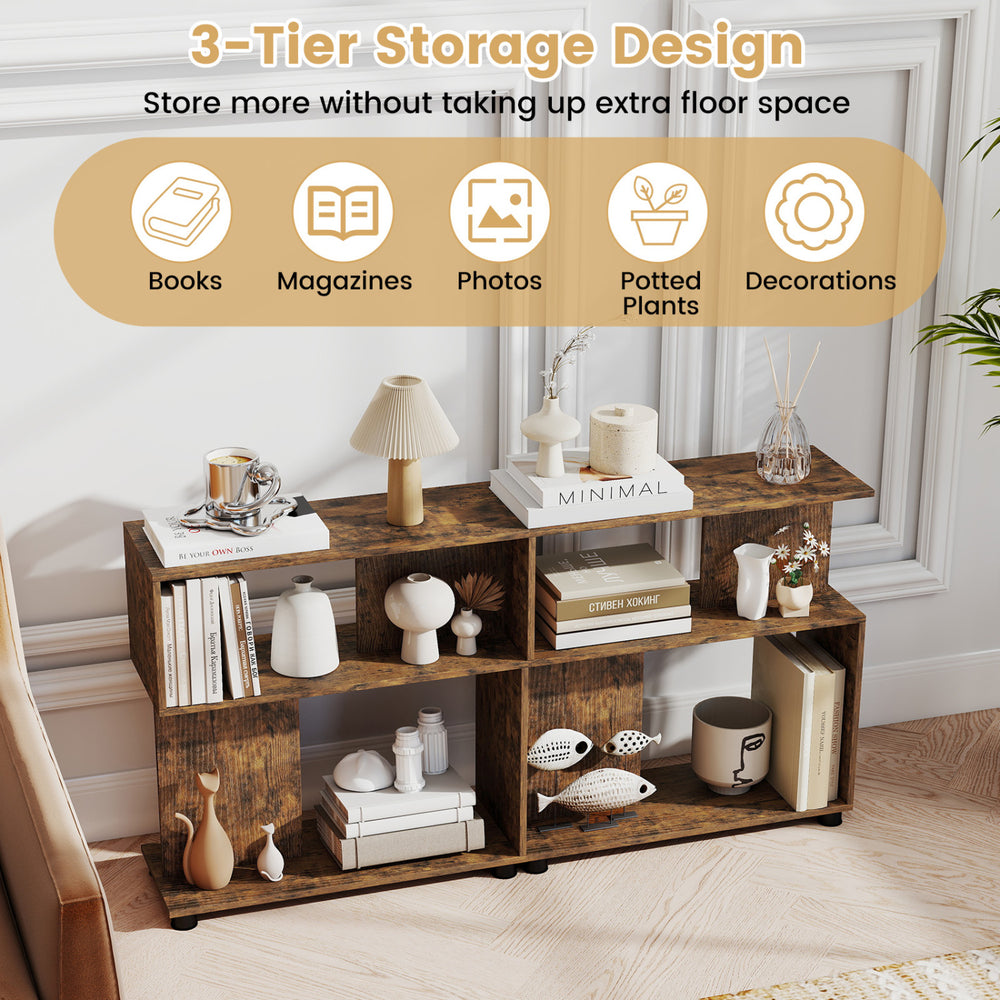 3-tier S-shaped bookshelf in rustic brown, ideal for books and decorations, featuring adjustable feet for stability.