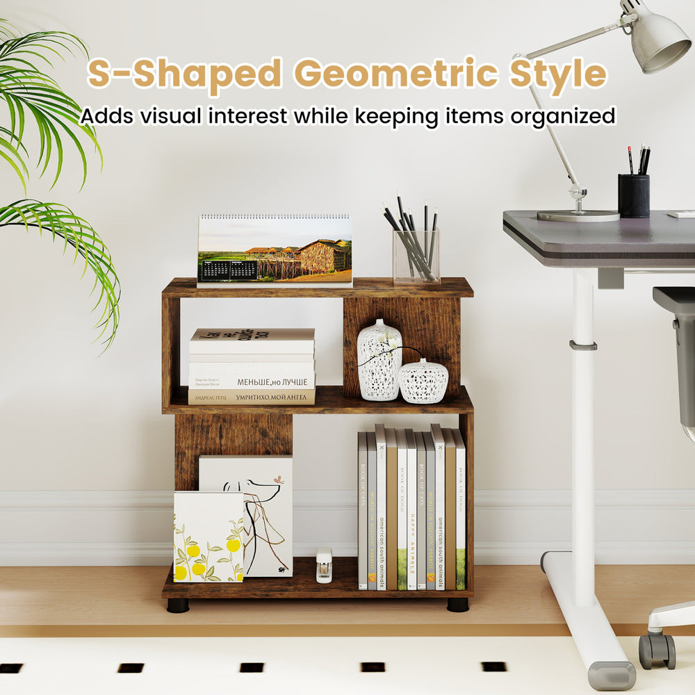 3-tier S-shaped bookshelf in rustic brown, featuring adjustable feet and geometric design for stylish storage and.