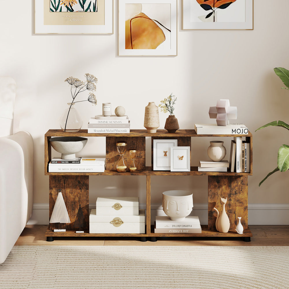 3-tier S-shaped bookshelf in rustic brown, featuring adjustable feet and ample storage for books and decor.