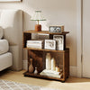 3-tier S-shaped bookshelf in rustic brown, featuring adjustable feet and smooth wood grain finish for stylish storage.