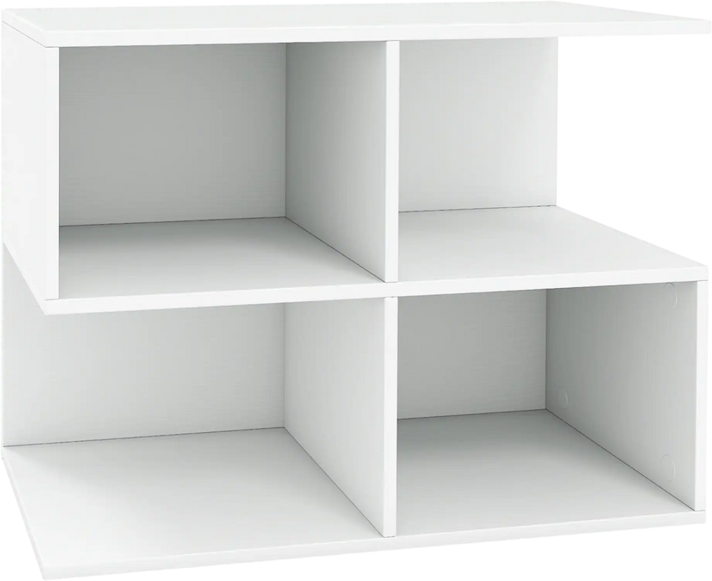 3-tier modern S-shaped end table in white with 4 storage cubes, ideal for living room organization and decor.