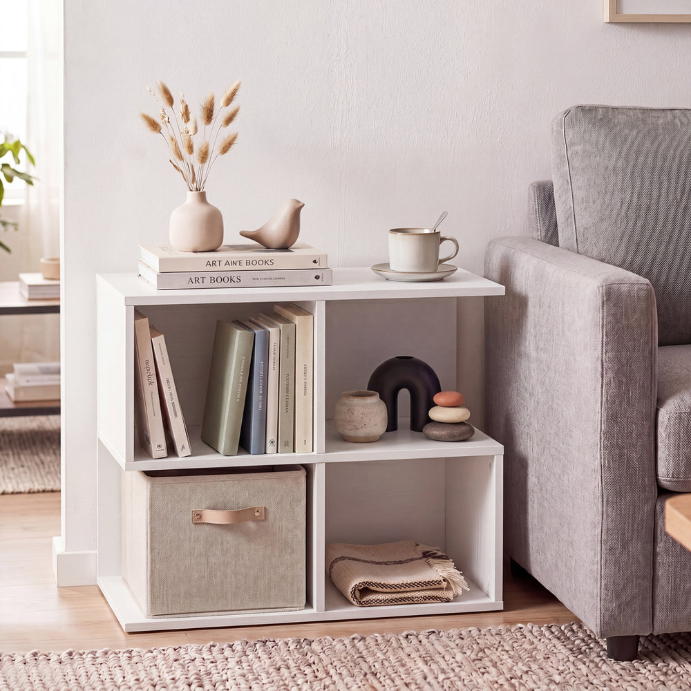 Modern 3-tier S-shaped end table in white with four storage cubes, ideal for living room organization and decor.