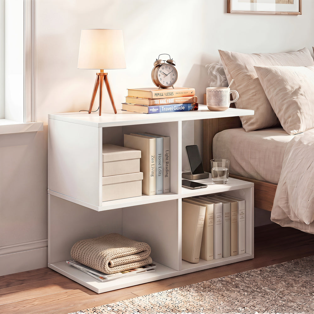 Modern 3-tier S-shaped end table in white with 4 storage cubes, ideal as a nightstand or sofa side table.
