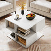 Modern S-shaped end table in white with spacious tabletop and 4 storage cubes, perfect for living room organization.