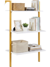 Three-tier white wooden floating shelving unit with gold metal ladder, ideal for stylish storage and display.