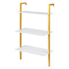 Three-tier modern wall-mounted shelving unit with white wooden shelves and gold metal ladder frame for stylish storage.