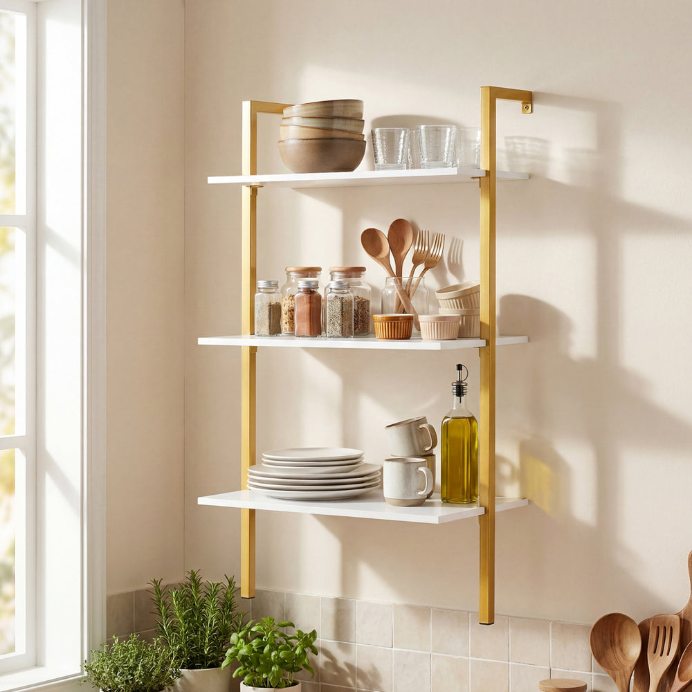 3-Tier Modern Wall Mounted Shelves Wooden Floating Shelving Unit Metal Ladder Bookshelf-White - Gallery View 1 of 10