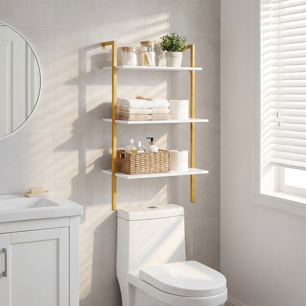 Three-tier modern wall-mounted shelving unit in white with gold metal ladder, ideal for bathroom organization.