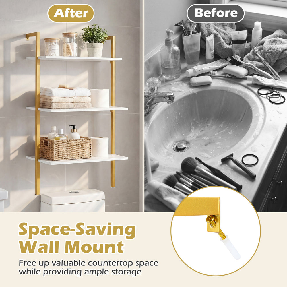 3-tier modern wall-mounted shelving unit in white with metal ladder design, ideal for saving countertop space.