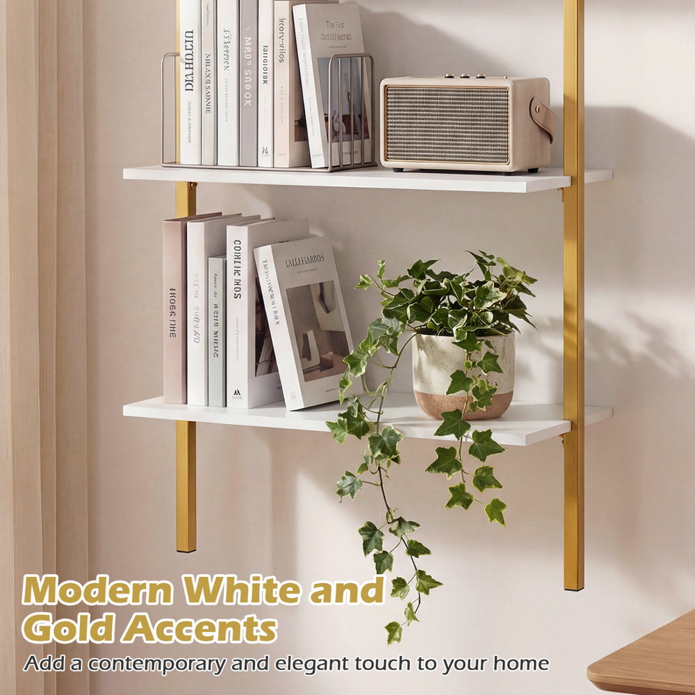 3-tier modern wall-mounted shelving unit in white with gold accents, ideal for stylish home decor and organization.