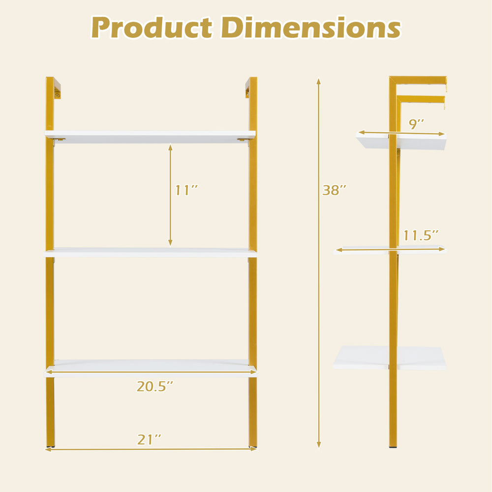 3-tier modern wall-mounted shelving unit with white wooden shelves and yellow metal frame, showcasing product.