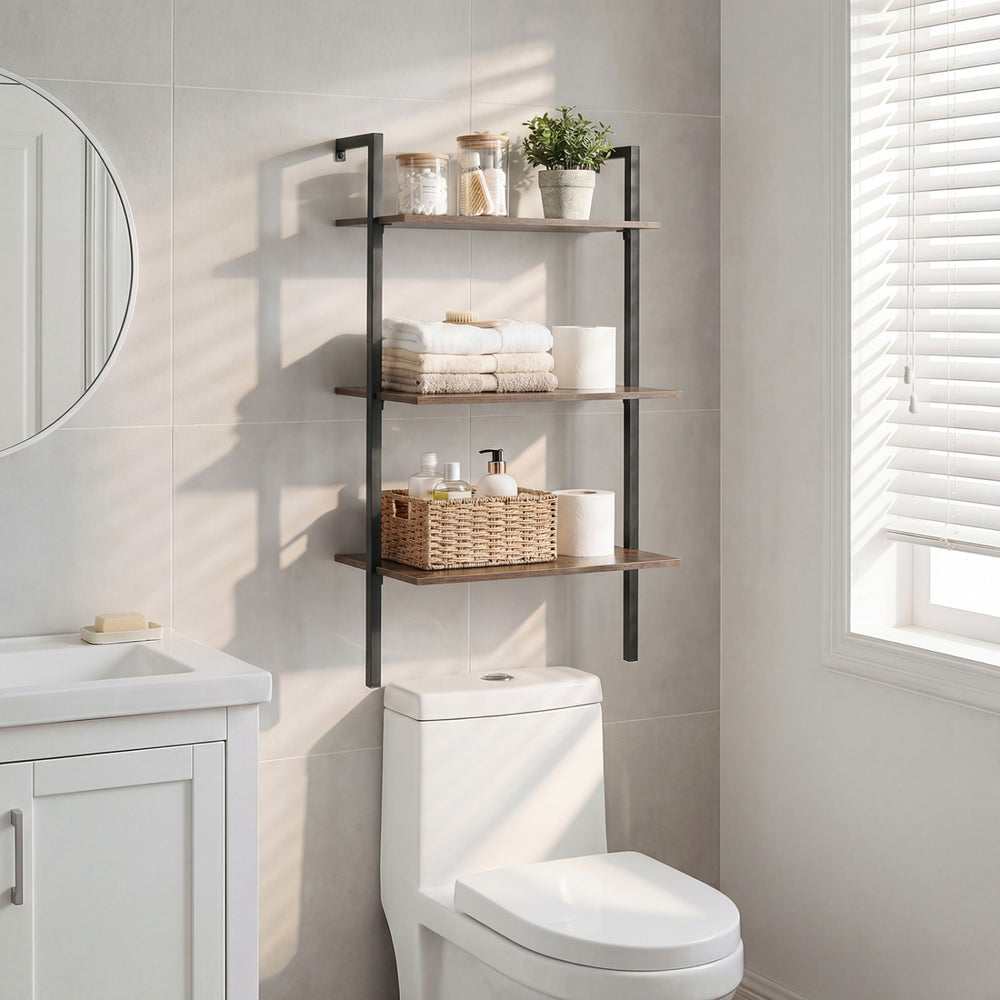 3-Tier Modern Wall Mounted Shelves Wooden Floating Shelving Unit Metal Ladder Bookshelf-Rustic Brown - Gallery View 1 of 10