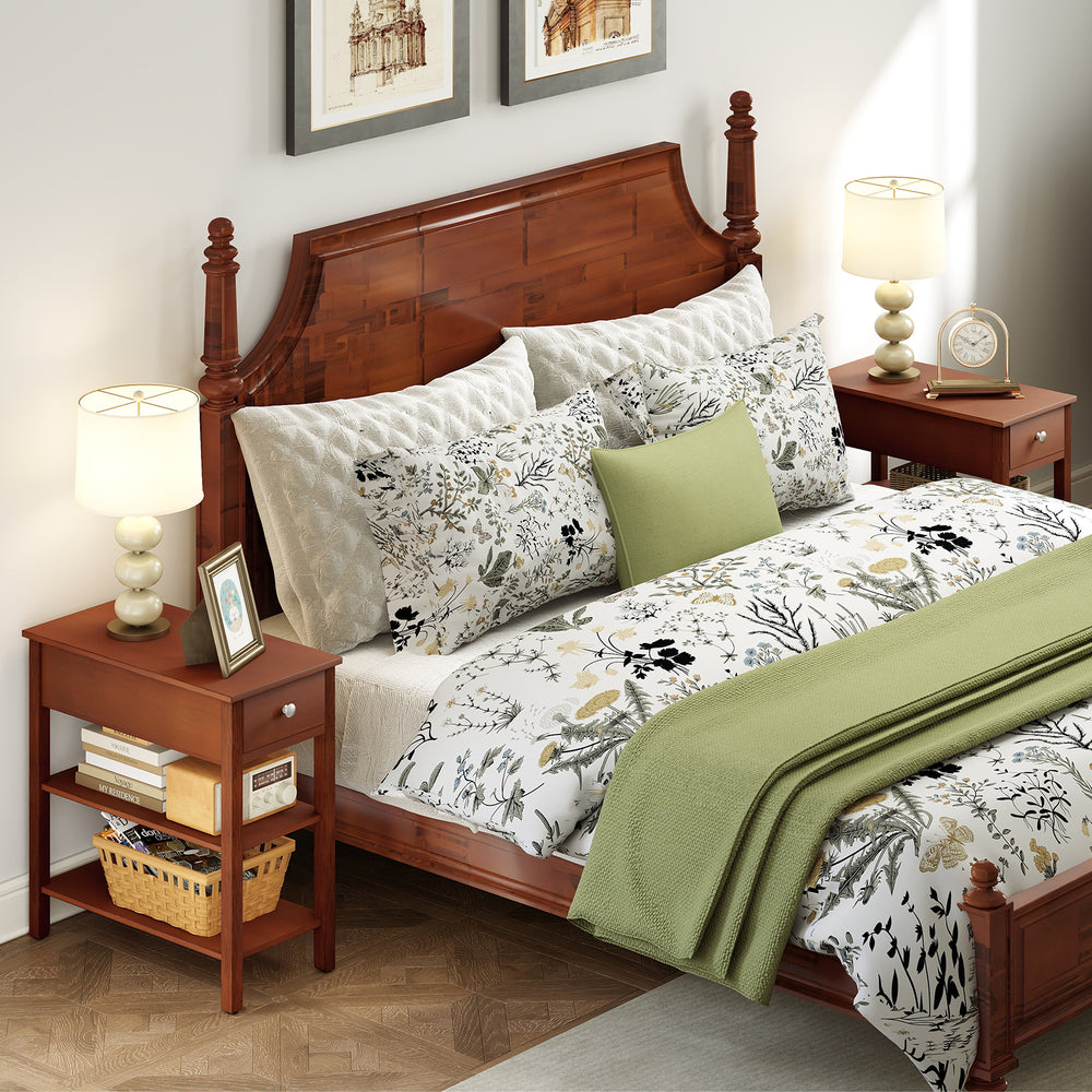 Narrow end table set of 2 in brown with pull-out drawer and storage shelves, ideal for small spaces and mid-century.