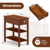 Narrow 3-tier end table in brown with a drawer and shelves, ideal for small spaces in living rooms or offices.