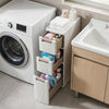Narrow 3-tier storage cabinet in beige with three drawers and smooth rolling wheels for versatile organization.