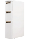 Narrow 3-tier storage cabinet in beige with three drawers, removable dividers, and smooth rolling wheels for versatile use.