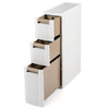 Narrow 3-tier storage cabinet with beige drawers, smooth rolling wheels, and recessed handles for versatile organization.