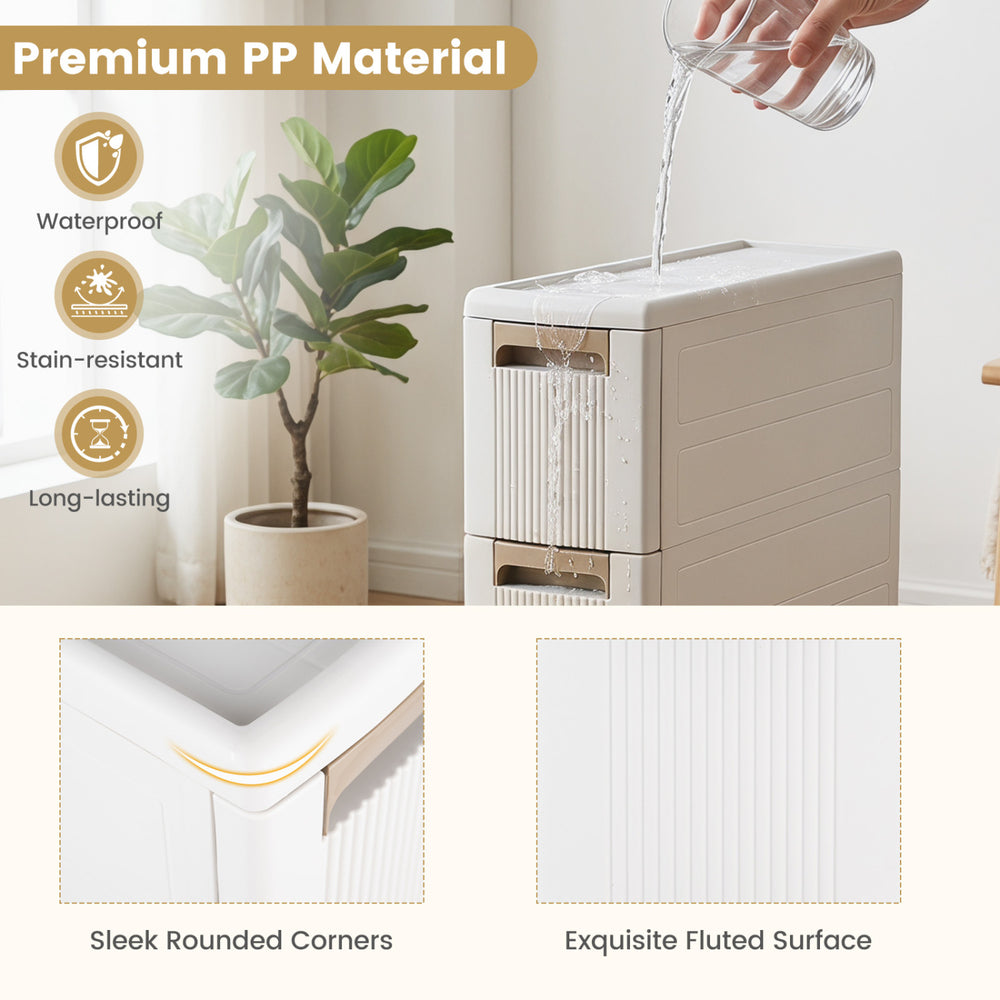 3-tier narrow storage cabinet in beige features waterproof PP material, sleek rounded corners, and smooth rolling wheels.