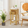 Natural wood 3-tier nightstand with a drawer and open shelf, perfect for cozy corners in living rooms or bedrooms.
