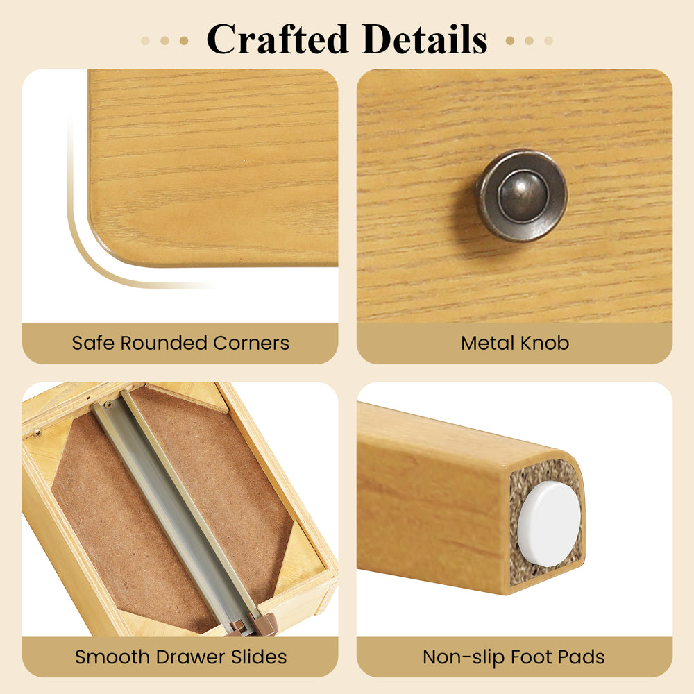 Close-up of the 3-tier nightstand's smooth drawer slides and metal knob, featuring safe rounded corners for added.