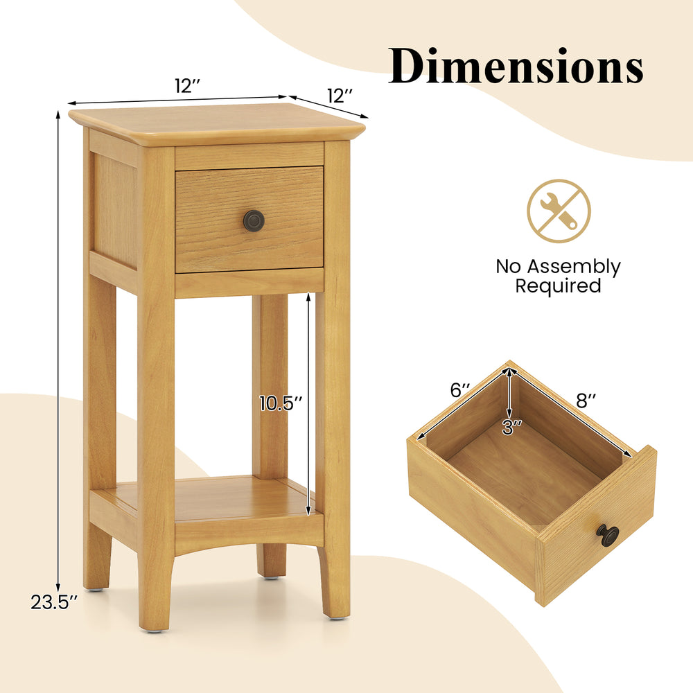 3-tier nightstand in natural wood with a pull-out drawer and open shelf, ideal for bedroom or living room use.