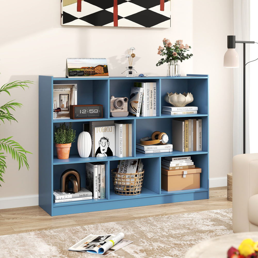 3-Tier Open Bookcase 8-Cube Floor Standing Storage Shelves-Blue - Gallery View 1 of 10