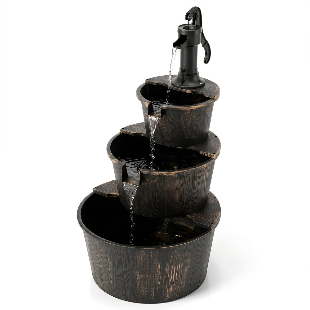 3-tier outdoor barrel waterfall fountain featuring a decorative water pump, designed for tranquil garden settings with soothing sounds.