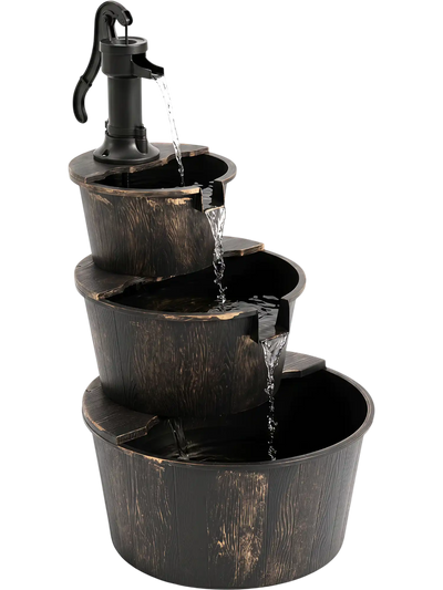 Costway 3-Tier Outdoor Barrel Waterfall Fountain w/ Electric Pump 33153036 New