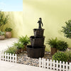 Three-tier outdoor barrel waterfall fountain with vintage bronze finish, decorative pump, and soothing water soundscape.