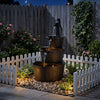 Three-tier outdoor barrel waterfall fountain with vintage bronze finish and electric pump for a relaxing garden ambiance.