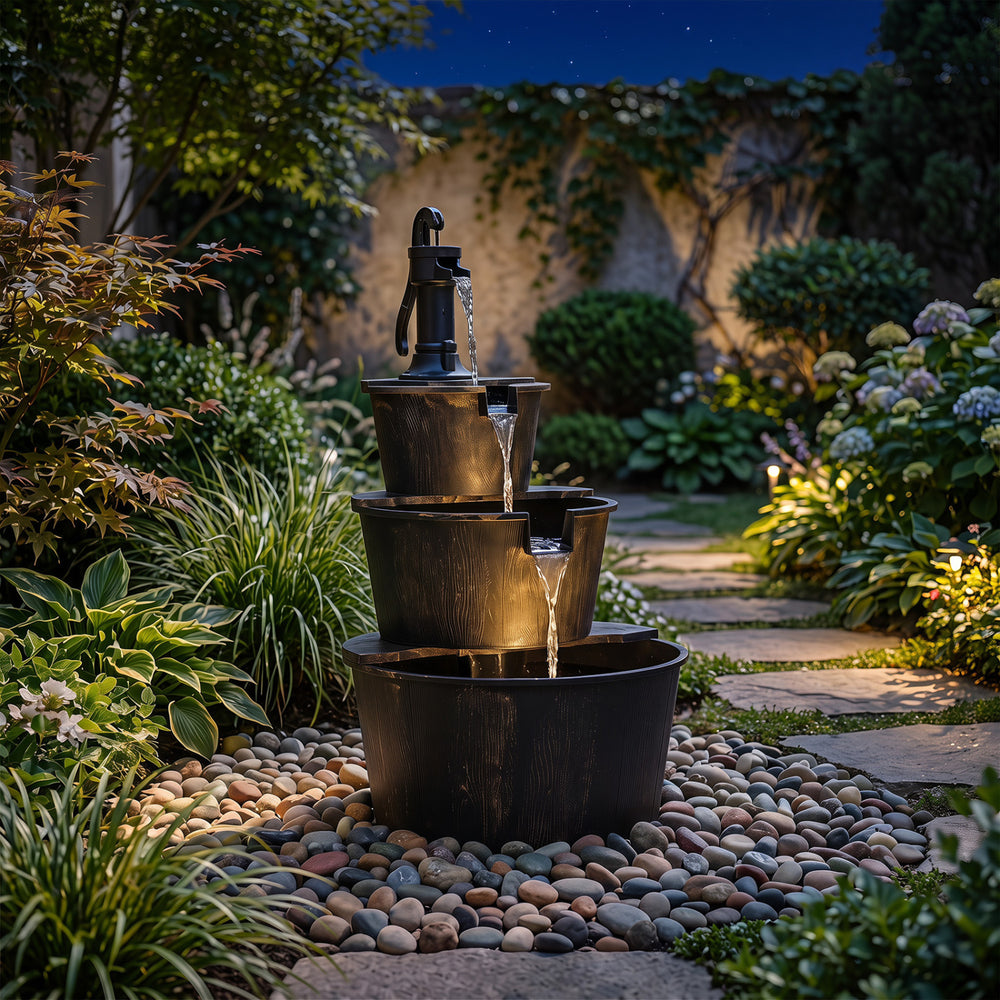 Three-tier outdoor barrel waterfall fountain with vintage bronze finish, cascading water, and decorative pump for garden relaxation.