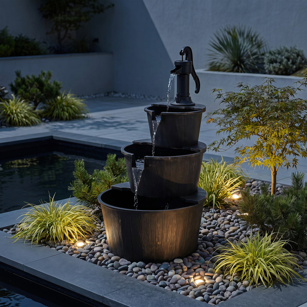 Three-tier outdoor barrel waterfall fountain with vintage bronze finish, cascading water, and electric pump for garden relaxation.