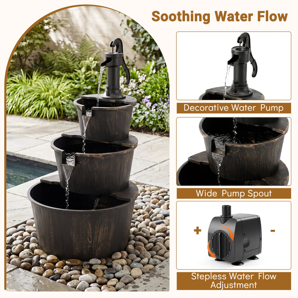 Three-tier outdoor barrel waterfall fountain with vintage bronze finish and decorative pump for a relaxing garden retreat.