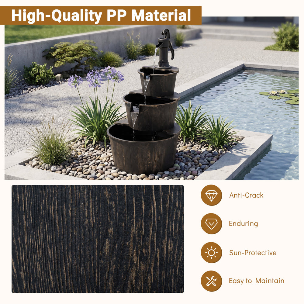 3-tier outdoor barrel waterfall fountain with vintage bronze finish, realistic wood grain, and easy maintenance for garden relaxation.