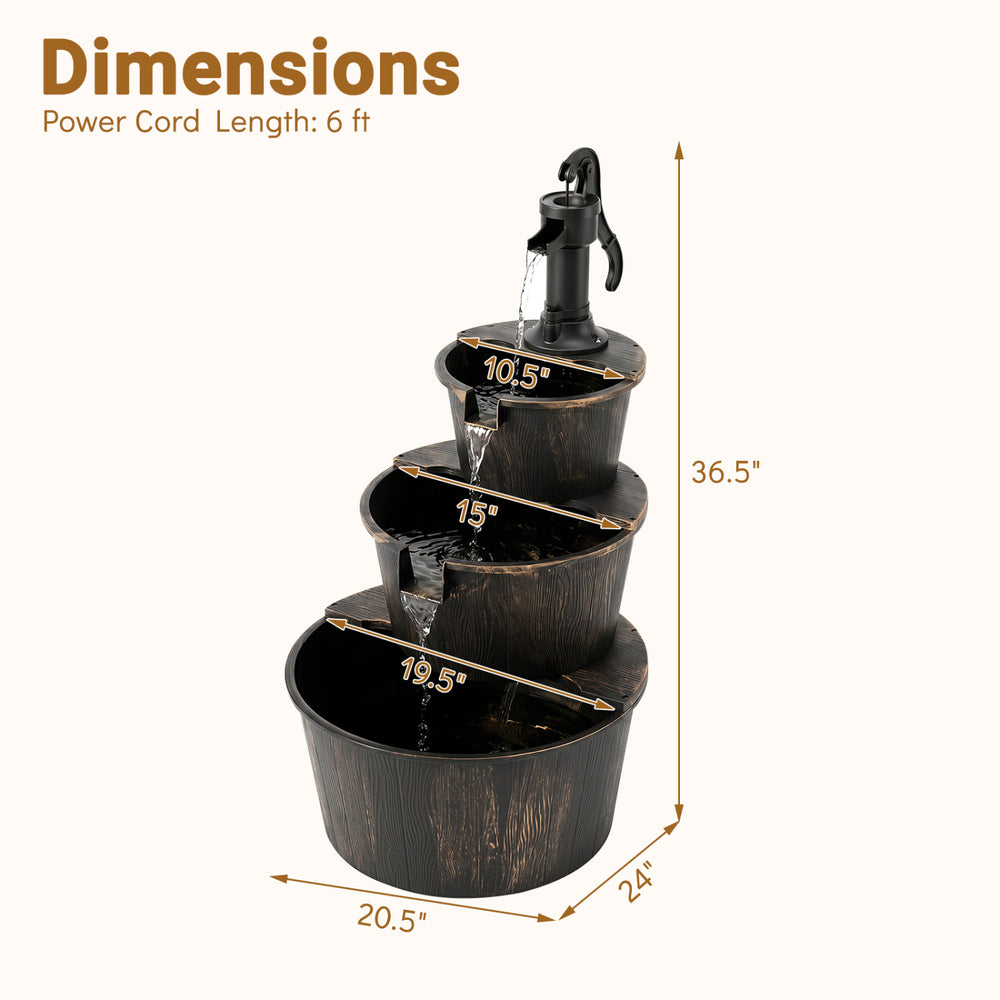 3-tier outdoor barrel waterfall fountain with electric pump, vintage bronze finish, dimensions 24" x 20.5" x 36.5".