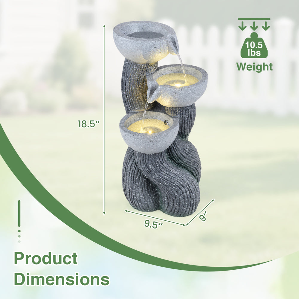3-tier outdoor water fountain with LED lights, 18.5 inches high, featuring a natural resin texture for patio decoration.