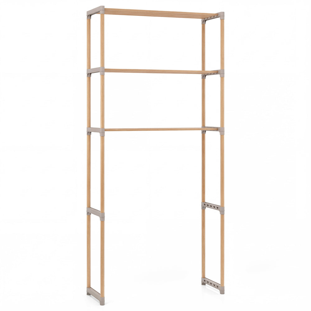 3-tier over the toilet storage rack in gray with open shelves, made of solid pine wood for bathroom organization.