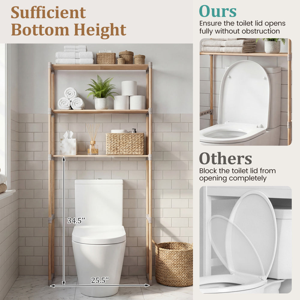 3-tier over-the-toilet storage rack in gray with open shelves, designed for easy access and toilet lid clearance.